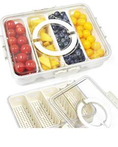 lot 75387 image: Yuroochii Divided Serving Tray Fresh-keeping Box with Lid&Handle, 4 Compartments Snacks Box, Snack Fruit Tray, Veggie Tray, Portable Snack Platter for Candy Fruits Nuts Snack Party Entertaining Picnic