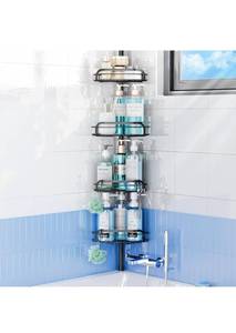 lot 75396 image: LAMU Corner Shower Caddy Tension Pole, Shower Corner Caddy Fits 29-111 Inch Heights, Tension Shower Caddy with Adhesive Clamp, Four-Tier Adjustable Shower Caddy, Thick Rustproof Steel, 4 Hooks, Black