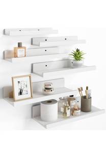 lot 75408 image: Fixwal Floating Shelves, 6 Sets of Wall Mounted Shelves for Home Decor, Modern Picture Ledge Shelves for Living Room, Bedroom, Bathroom, Kitchen (White