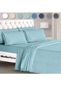 lot 75413 image: Mueller Ultratemp King Size Sheets Set, Super Soft 1800, 6 Piece, Deep Pocket up to 16 Cooling Sheets King Size, Transfers Heat, Breathes Better, Hypoallergenic, Wrinkle, Aqua