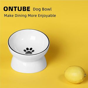 lot 75326 image: ONTUBE Ceramic Raised Cat Dishes or Small Dog Bowl, Pet Food or Water Bowls,5.3-Inch 10oz (White...