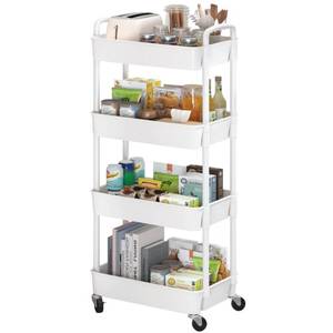 lot 2002 image: Sywhitta 4-Tier Plastic Rolling Utility Cart with Handle, Multi-Functional Storage Trolley for Office, Living Room, Kitchen, Movable Storage Organizer with Wheels, White