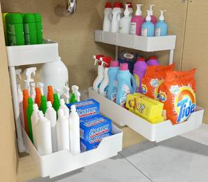 lot 2024 image: 2-Tier Under Sink Organizer and Storage 2 Pack Sliding L-shape Under Bathroom Kitchen Cabinet Organizers Storage Multi-purpose Sink Organizer Storage for Bathroom Kitchen Drawer(White 2 Pack)