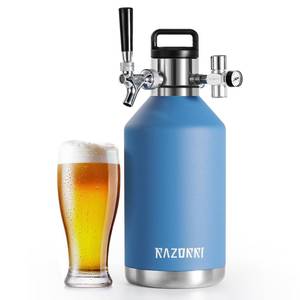 lot 2040 image: Razorri 128oz Stainless Steel Beer Growler, Double-Wall Vacuum Insulated Carbonated Keg with Professional Bar Tap and Pressurized CO2 Regulator, 1 Gallon, Ocean Blue - Retail $129.99
