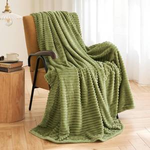 lot 2042 image: MIULEE Olive Green Fleece Throw Blanket for Couch 300GSM Super Soft Lightweight Plush 3D Striped Jacquard Blanket, Warm Cozy Breathable Ribbed Blanket for BedSofa, Throw Size 50x60
