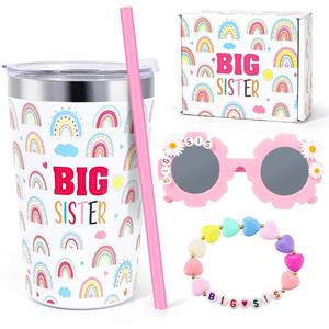 lot 2052 image: iAOVUEBY Big Sister Gifts for Girls, 3PCS Big Sister Gift Includes 12 oz Pink Sister Cup Sunglasses Bracelet Sibling Gift From New Baby, Big Sister Announcement Gifts for Girls Age 2-8