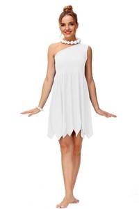 lot 2060 image: AOBUTE Halloween Womens Costume Wilma Adult Couple Group White One Shoulder Dress M