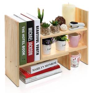 lot 2065 image: MyGift Solid Wood Desktop Shelf Organizer, Adjustable Office Dorm Desk Bookshelf Storage Display Rack, Beige