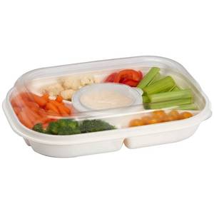 lot 2066 image: Jumbo Divided Serving Tray With Lid - Includes 6 Bins for Party Platter, Snackle Box Container, Fruit Tray, Veggie Tray, Chip and Dip Bowl, Appetizers, Desserts, Snacks & More (by Buddeez)