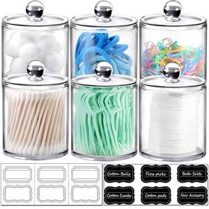 lot 2098 image: 6 Pack Qtip Dispenser Apothecary Jars Bathroom with Labels - Qtip Holder Storage Canister Clear Plastic Acrylic Jar for Cotton Ball,Cotton Swab,Cotton Rounds,Floss Picks, Hair Clips (Clear)