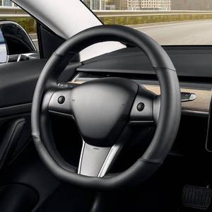 lot 2130 image: SEG Direct Flat Bottom Steering Wheel Cover, D Shaped Car Wheel Cover 14 12-15 in. (37-39 cm), Black Microfiber Leather
