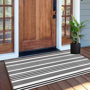 lot 2152 image: OJIA Black and White Outdoor Rug 2x4.3, Christmas Door Mats Outdoor Cotton Woven Front Porch Rug Machine Washable Indoor Door Mat Entryway Rug Striped Rugs Outdoor Mat for FarmhouseKitchen