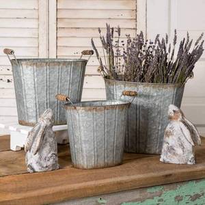 lot 2156 image: Colonial Tin Works Rustic Farmhouse Decor Tapered Oval Pails with Wood Handles Set of 3., Grey