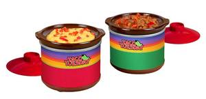 lot 2183 image: Nostalgia Taco Tuesday Two Mini Fiesta Dippers, 0.65 Qt. Capacity, Includes Lid, Perfect For Queso, Chili, Beans, Chicken, Beef, RedGreen