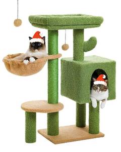 lot 2186 image: MUTTROS Cactus Cat Tree 35.4 Cute Cat Tower Cat Condo for Indoor Cats wLarge Padded Perch, Comfy Hammock, Cat Scratching Post, and Dangling Ball, for Small-Medium Cats, Green