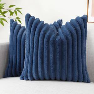 lot 2189 image: decorUhome Faux Fur Throw Pillow Covers 18x18 Set of 2, Decorative Soft Plush Striped Couch Pillow Covers with Velvet Back for Sofa, Bed, Living Room, Navy Blue