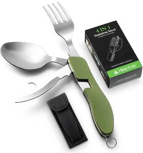 lot 2221 image: HIKENTURE 4-in-1 Camping Utensils,Stainless Steel Spoon Fork Knife Combo with Bottle Opener,Backpacking Eating Cutlery for Traveling,Hiking,Scouting Hobo Multitool Set (Army Green)