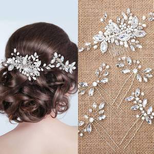 lot 2236 image: Geosar 5 Pieces Crystal Bride Wedding Hair Comb Silver Bridal Hair Pieces Pearl Rhinestone Bridal Hair Clip Flower Hair Side Combs Women