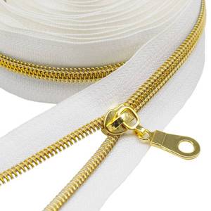 lot 2241 image: MebuZip #5 Gold Metallic Nylon Coil Zippers by The Yard Bulk Coil Zipper Roll 10 Yards with 25pcs Pulls for DIY Sewing Craft Bags (White)