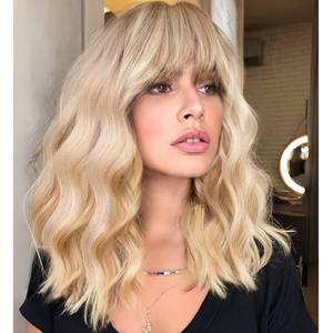 lot 2245 image: KOME Curly Bob Wig with Bangs Short Wavy Ombre Blonde Wigs for Women Bob Style Synthetic Heat Resistant Bob Wigs 14IN