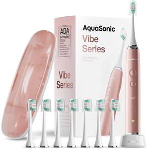 lot 2252 image: Aquasonic Vibe Series Ultra-Whitening Toothbrush ADA Accepted Electric Toothbrush - 8 Brush Heads & Travel Case 40,000 VPM Motor & Wireless Charging - 4 Modes w Smart Timer Satin Rose Gold