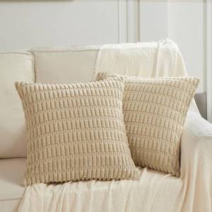 lot 2257 image: Fancy Homi 2 Packs Tan Decorative Throw Pillow Covers 22x22 Inch for Living Room Couch Bed Sofa, Rustic Farmhouse Boho Home Decor, Soft Striped Corduroy Beige Square Cushion Case 55x55 cm