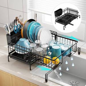 lot 2264 image: GSlife Expandable Dish Drying Rack with Drainboard - Anti-Rust 2-in-1 Sink Dish Racks for Kitchen Counter and Sink, Dish Drainer with Pan Slot and Utensil Holder for RV and Apartment, Black