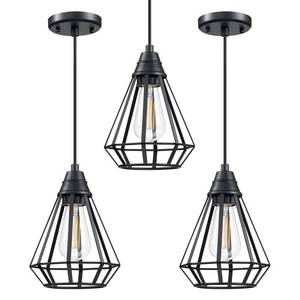 lot 2279 image: 3 Pack 1 Light Vintage Hanging Pendant Light Fixture,Farmhouse Basket Lantern Cage Pendant Ceiling Lights with Black Finish for Kitchen Island Dining Restaurant Room Hallway Hotel Bar