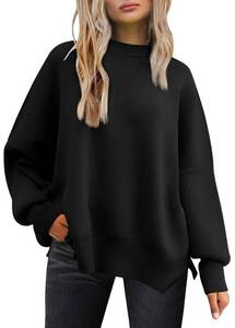 lot 2295 image: LILLUSORY Womens Oversized Batwing Sweaters 2024 Fall Outfits Crewneck Ribbed Knit Side Slit Trendy Pullover Tops Black XL