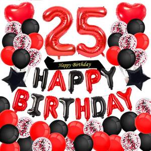 lot 2317 image: Minhero 25th Birthday Decorations Red Black Happy Birthday Banner Red Number 25 Balloons Happy Birthday Sash with Latex and Confetti Balloons for Girl Women 25 and 52 Years Old Birthday Party-Red