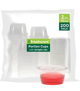 lot 2327 image: Plastic Portion Cups with Lids 2 Ounce, 200 Sets Disposable Plastic Cups for Meal Prep, Salad Dressing, Jellos Shot Cups, Souffle Cups, Condiment and Dipping Sauce Cups