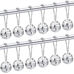 lot 2333 image: Bokon 12 Pcs Mirror Disco Balls Party Shower Curtain Hooks 70s Theme Party Bathroom Decor Silver Disco Retro Shower Curtain Rings Hooks Stainless Rustproof Bedroom Pendants for Disco Party Supplies