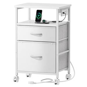 lot 2336 image: Huuger File Cabinet with Power Outlets, 2 Drawer Filing Cabinet, Printer Stand with Storage, Rolling File Cabinet with Lockable WheelsAdjustable Feet, Open Shelf, Wood Top, White