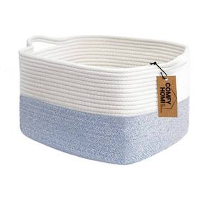lot 2354 image: COMFY-HOMI Cotton Rope Woven Basket with Handles for shelf Toy, Book, Cloth Storage Basket for Organizing-13.5X11X9.5 Storage Bin for Living Room, Newborn or Infant Gift for boy girl Whiteblue