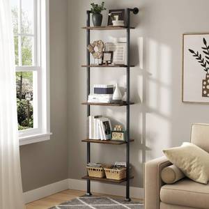 lot 2360 image: Axeman 5-Tier Ladder Shelf, Tall Narrow Bookcase for Small Spaces, Book Storage Organizer Case for Living Room, Home Office, Study, Industrial Style Black Metal Frame and Rustic Brown Shelf