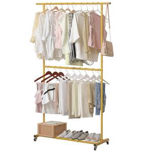 lot 2394 image: Sywhitta Double Rod Clothing Garment Rack, Rolling Clothes Organizer on Wheels for Hanging Clothes, Easy to Assemble, Adjustable, Gold