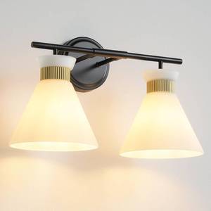 lot 18506 image: WOSHITU Bathroom Vanity Light Fixtures 2-Lights Mid Century Modern Vanity Lights for Bathroom, Black and Gold Wall Sconce Lighting with Frosted Milky Glass for Over Mirror Bedroom Hallway
