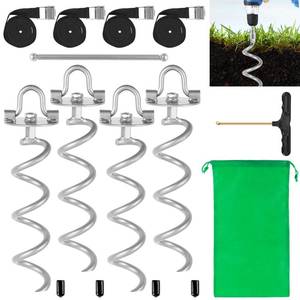 lot 18513 image: MIXXIDEA 10.6 in Gound Anchors Screw in, Metal Spiral Earth Anchors Kit, Heavy Duty Folding Ring Spiral Stake with Straps, Silver Ground Stakes for Tent, Trampolines, Sheds, Swings (Pack of 4)