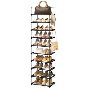 lot 18555 image: WEXCISE Narrow Shoe Rack 10 Tiers Tall Shoe Rack for Entryway 20 24 Pairs Shoe & Boots Organizer Storage Shelf Durable Black Metal Stackable Shoe Cabinet with Hooks, 17.1D x 11.8W x 78.7H in