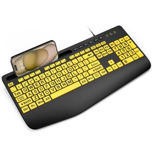 lot 18568 image: SABLUTE Large Print Keyboard Wired Computer Keyboards with Wrist Rest, Phone Holder, Big Letters Easy to Read Compatible Windows, Desktop, Laptop, Yellow
