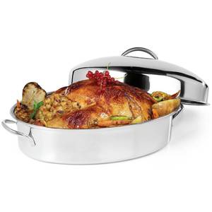 lot 18601 image: OVENTE Oval Stainless Steel Roasting Pan, 16� Oven Roaster and Baking Tray with Lid & Flat Rack, Nonstick Bakeware Dish Ideal for Cooking Turkey, Roasted Chicken, Beef or Veggies, Silver CWR32161S