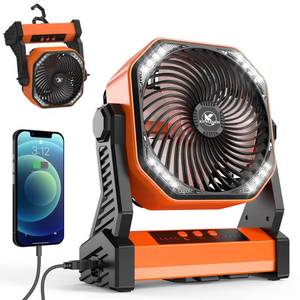 lot 19126 image: KITWLEMEN Camping Fan with LED Lantern, 20000mAh Rechargeable Battery Operated Outdoor Tent Fan with Light & Hanging Hook, 4 Speeds, Personal USB Desk Fan for Camping, Power Outage, Hurricane, Jobsite