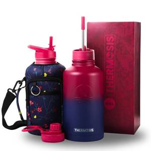 lot 20605 image: Thermosis 3 Lids 64 Oz Water Bottle With Straw  Stainless Steel Insulated Half Gallon Water Bottle  Include Sports Water Bottle Holder With Strap (12 Gallon Water Jug) - Red Fusion