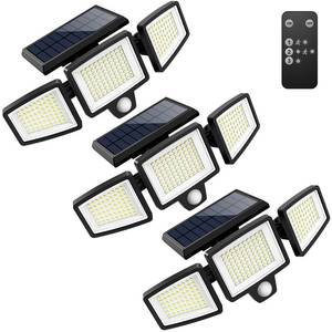 lot 20623 image: Tuffenough Solar Outdoor Lights 2500LM 210 LED Security Lights with Remote Control,3 Heads Motion Sensor Lights, IP65 Waterproof,270° Wide Angle Flood Wall Lights with 3 Modes(3 Packs)