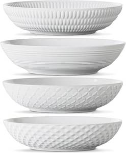 lot 20629 image: Maison Neuve Set of 4 White 34oz Porcelain Dinner Bowls - Dishwasher - Safe Textured 8.5 Bowls For Soup, Pasta, Cereal