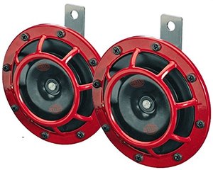 lot 20630 image: HELLA 003399803 Supertone 12V High Tone  Low Tone Twin Horn Kit with Red Protective Grill, 2 Horns