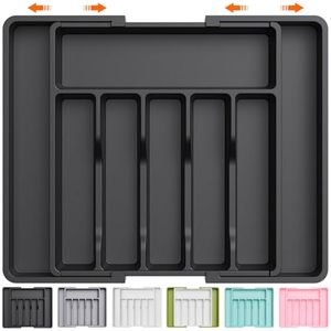 lot 20637 image: Lifewit Silverware Drawer Organizer, Expandable Utensil Tray for Kitchen, BPA Free Flatware and Cutlery Holder, Adjustable Plastic Storage for Spoons Forks Knives, Large, Black