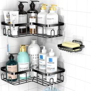 lot 20653 image: Moforoco Adhesive Corner Shower Caddy, 3 Pack Organizer Shelf with Soap Holder and 12 Hooks, Shelves Rustproof for Bathroom, Storage Basket Bathroom Accessories(Black)