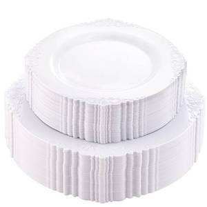 lot 20656 image: Morejoy 100PCS White Plastic PlatesWhite Disposable PlatesInclude 50 Pieces 10.25 Inch Dinner Plates & 50Pieces 7.5 Inch Dessert PlatesPerfect for Weddings & Thanksgiving & Christmas