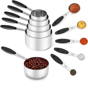 lot 20682 image: Joyhill Stainless Steel Measuring Cups and Spoons Set of 10 Piece, Nesting Metal Measuring Cups Set with Soft Touch Silicone Handles for Dry and Liquid Ingredients, Cooking & Baking (Black)